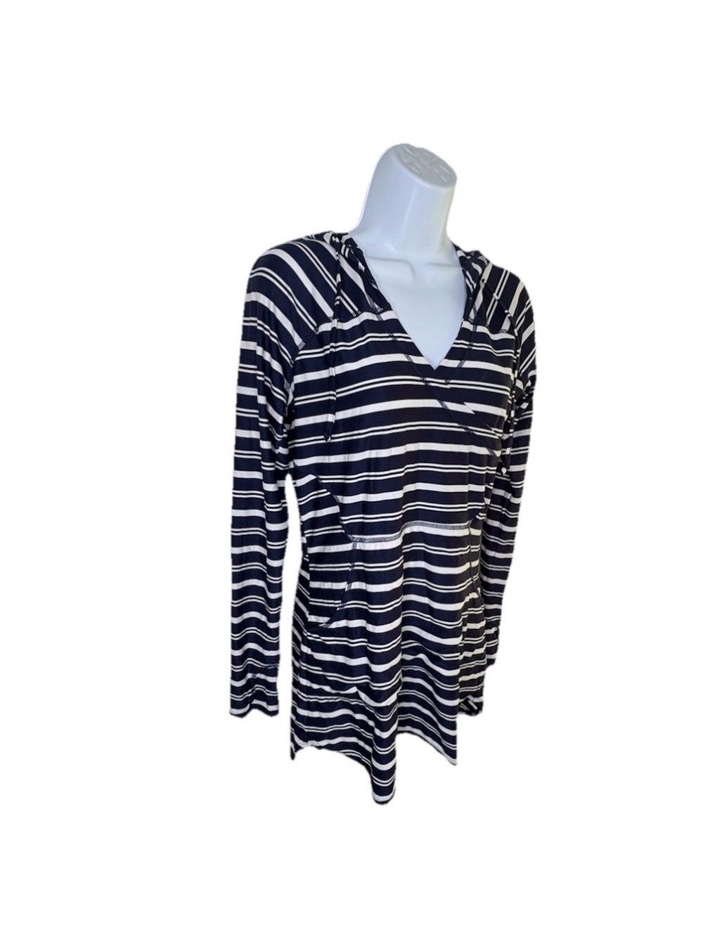 Athleta Wick-It Wader Stripe Long Sleeve Hooded Swim Cover Up Dress Navy White S